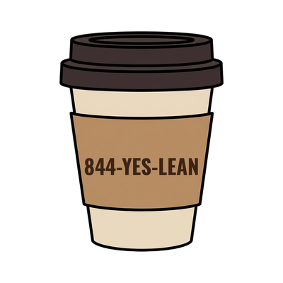 844-YES-LEAN on a coffee cup