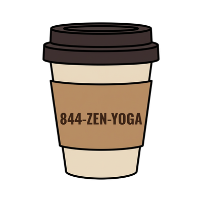 844-ZEN-YOGA on a coffee cup