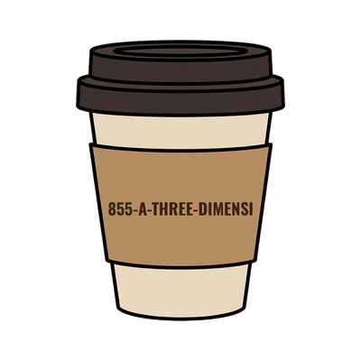 855-A-THREE-DIMENSI on a coffee cup