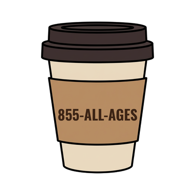 855-ALL-AGES on a coffee cup