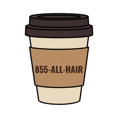 855-ALL-HAIR on a coffee cup