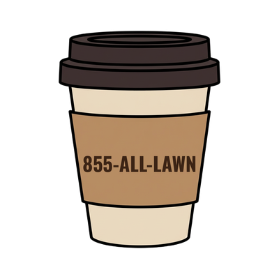 855-ALL-LAWN on a coffee cup