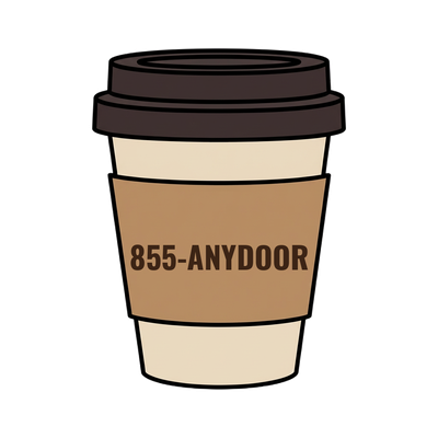 855-ANYDOOR on a coffee cup