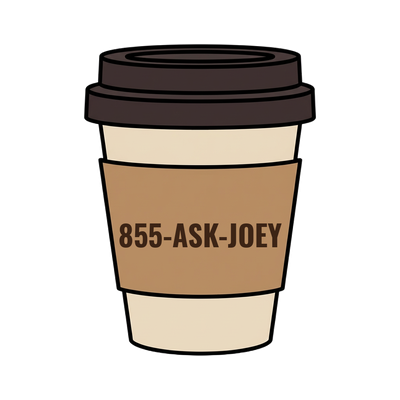 855-ASK-JOEY on a coffee cup