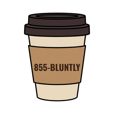 855-BLUNTLY on a coffee cup