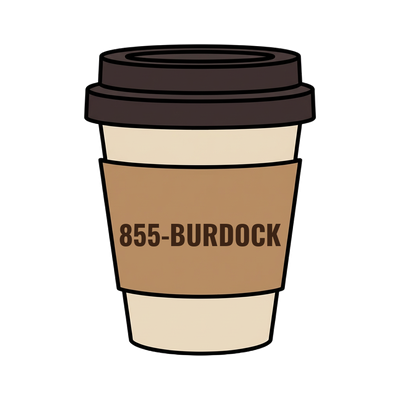 855-BURDOCK on a coffee cup