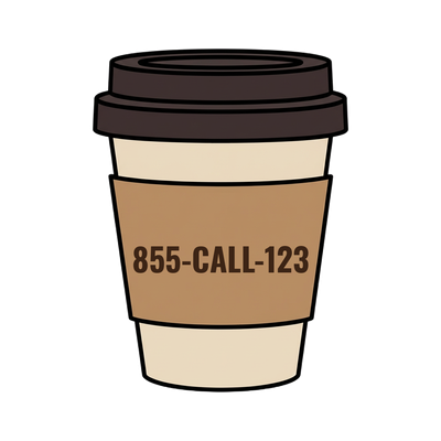 855-CALL-123 on a coffee cup