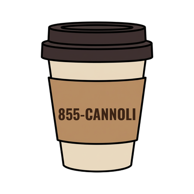 855-CANNOLI on a coffee cup