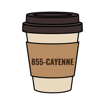 855-CAYENNE on a coffee cup