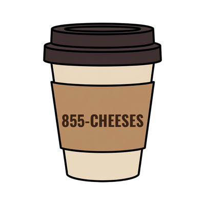 855-CHEESES on a coffee cup