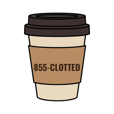 855-CLOTTED on a coffee cup