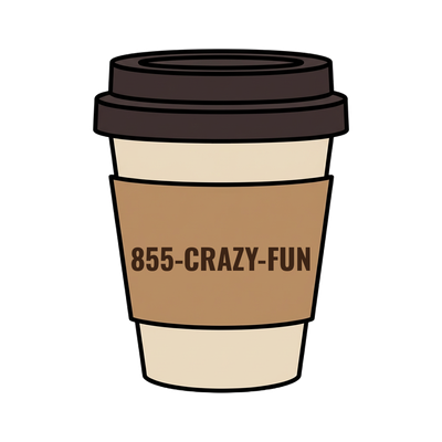 855-CRAZY-FUN on a coffee cup