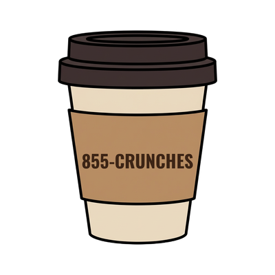 855-CRUNCHES on a coffee cup