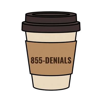 855-DENIALS on a coffee cup