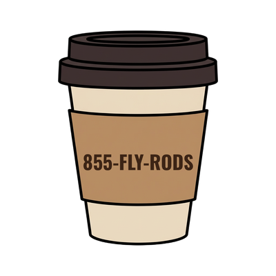 855-FLY-RODS on a coffee cup