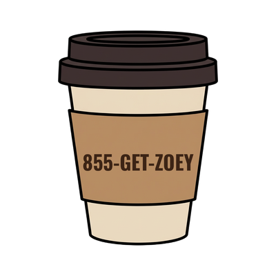 855-GET-ZOEY on a coffee cup
