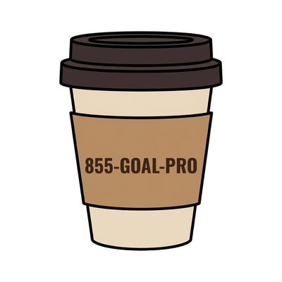 855-GOAL-PRO on a coffee cup