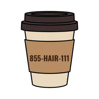 855-HAIR-111 on a coffee cup