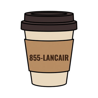 855-LANCAIR on a coffee cup