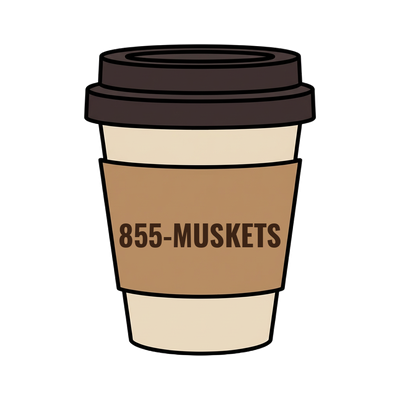 855-MUSKETS on a coffee cup