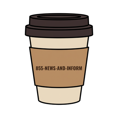 855-NEWS-AND-INFORM on a coffee cup