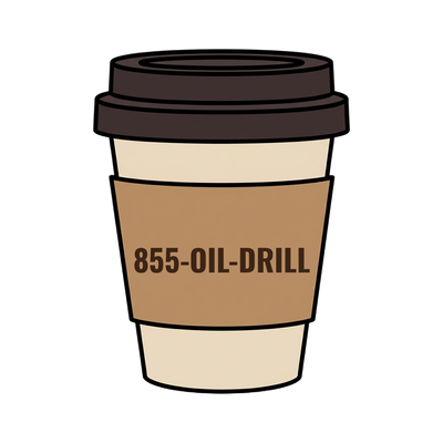 855-OIL-DRILL on a coffee cup