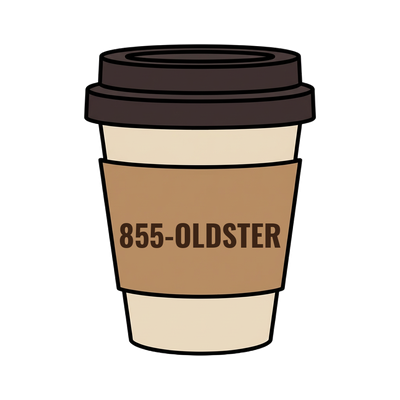 855-OLDSTER on a coffee cup