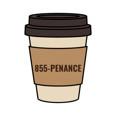 855-PENANCE on a coffee cup