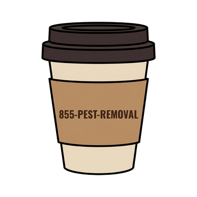 855-PEST-REMOVAL on a coffee cup