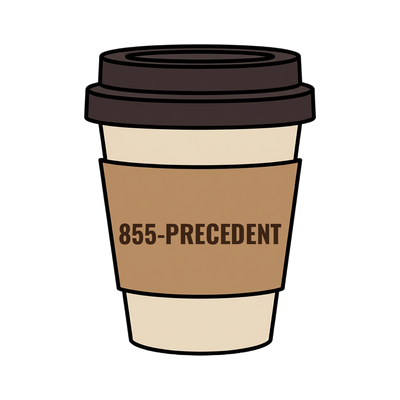 855-PRECEDENT on a coffee cup