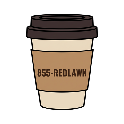 855-REDLAWN on a coffee cup