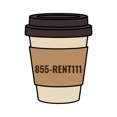 855-RENT111 on a coffee cup
