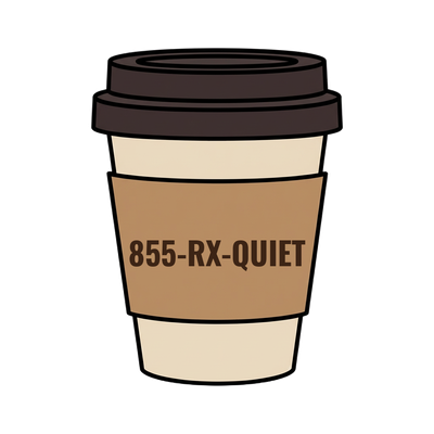 855-RX-QUIET on a coffee cup