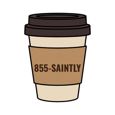 855-SAINTLY on a coffee cup