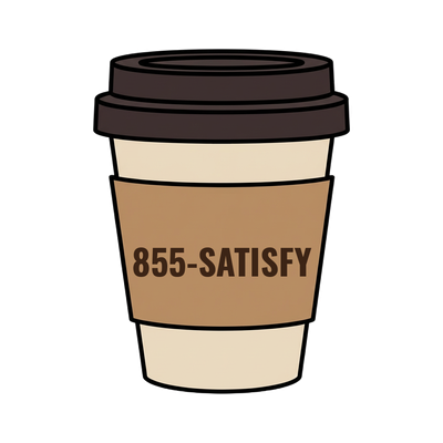 855-SATISFY on a coffee cup