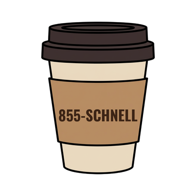 855-SCHNELL on a coffee cup