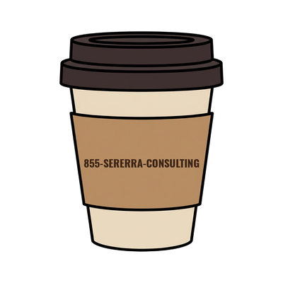 855-SERERRA-CONSULTING on a coffee cup