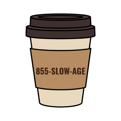 855-SLOW-AGE on a coffee cup