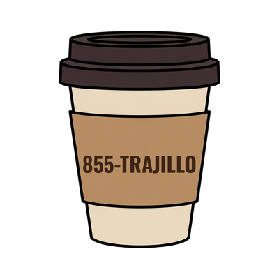 855-TRAJILLO on a coffee cup