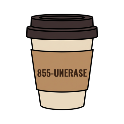 855-UNERASE on a coffee cup