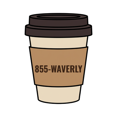 855-WAVERLY on a coffee cup