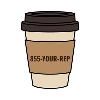 855-YOUR-REP on a coffee cup