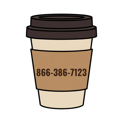 866-386-7123 on a coffee cup