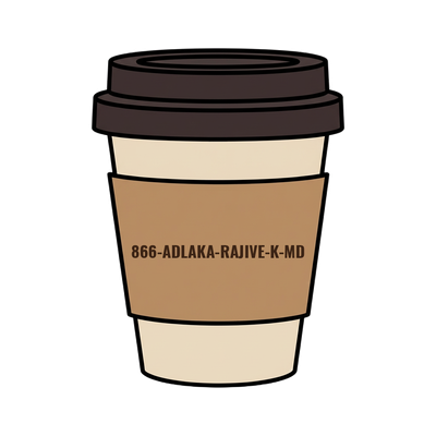 866-ADLAKA-RAJIVE-K-MD on a coffee cup