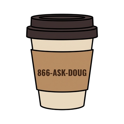 866-ASK-DOUG on a coffee cup