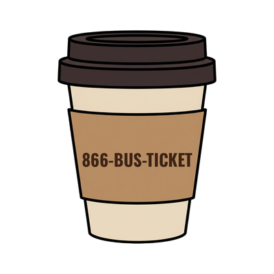 866-BUS-TICKET on a coffee cup