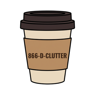 866-D-CLUTTER on a coffee cup