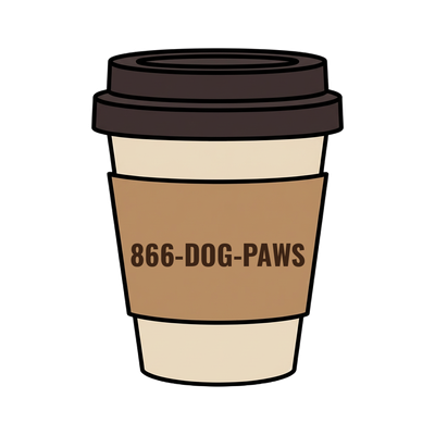 866-DOG-PAWS on a coffee cup