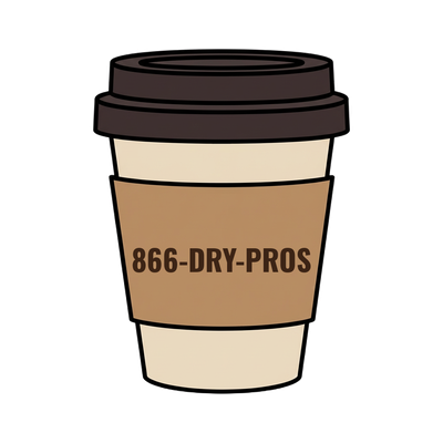 866-DRY-PROS on a coffee cup