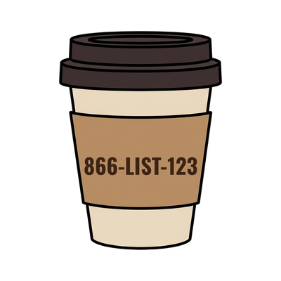 866-LIST-123 on a coffee cup